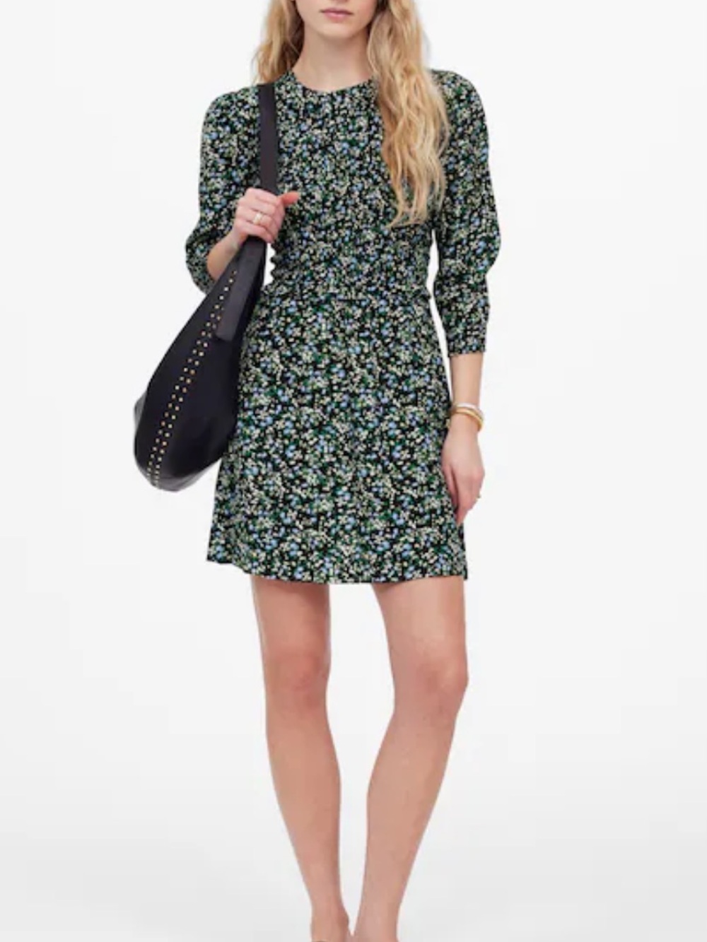 NWT MADEWELL Smocked Mini Dress in Floral Meadow Ditsy Black 00